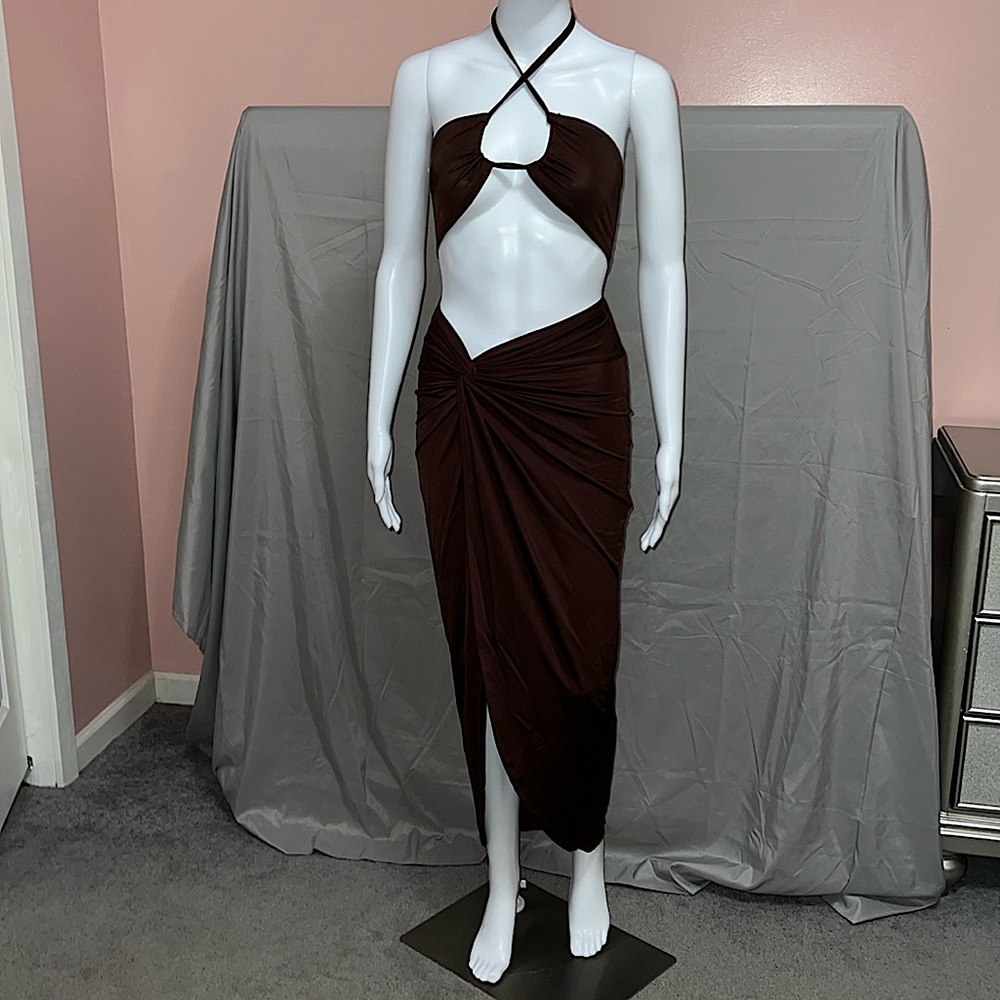 SHEIN Brown Backless Top Thigh Slit Skirt Set - XS